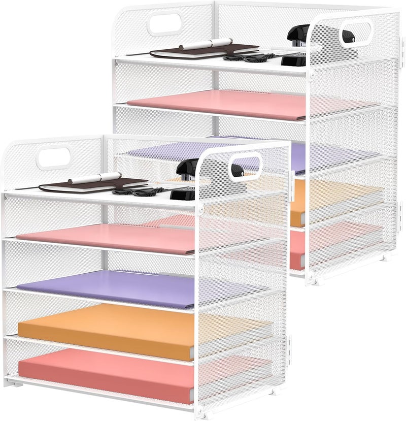 SUPEASY 2 Pack 5-Tier White Desk Organizer with Handle Mesh Desk File/Paper Organizer Letter Tray for Office, School and Home Easy Installation - Image 1