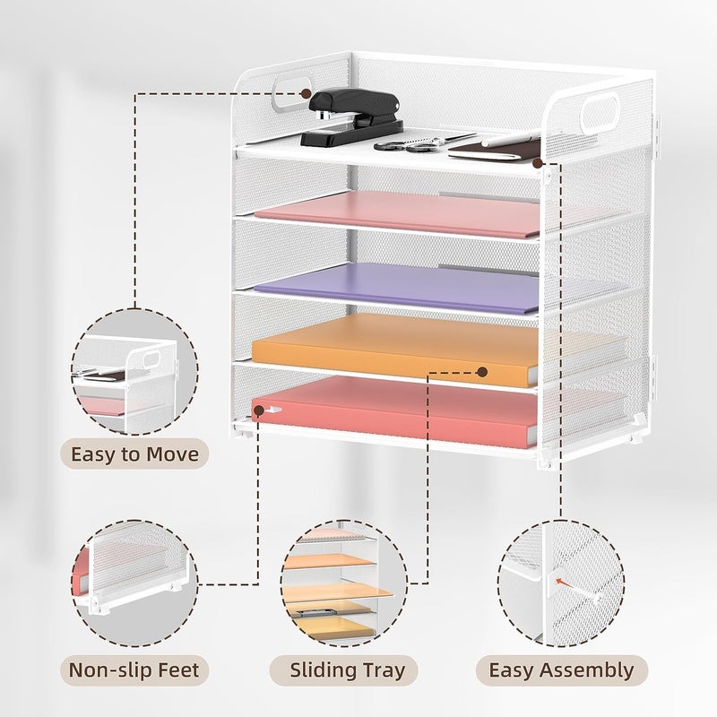 SUPEASY 2 Pack 5-Tier White Desk Organizer with Handle Mesh Desk File/Paper Organizer Letter Tray for Office, School and Home Easy Installation - Image 3