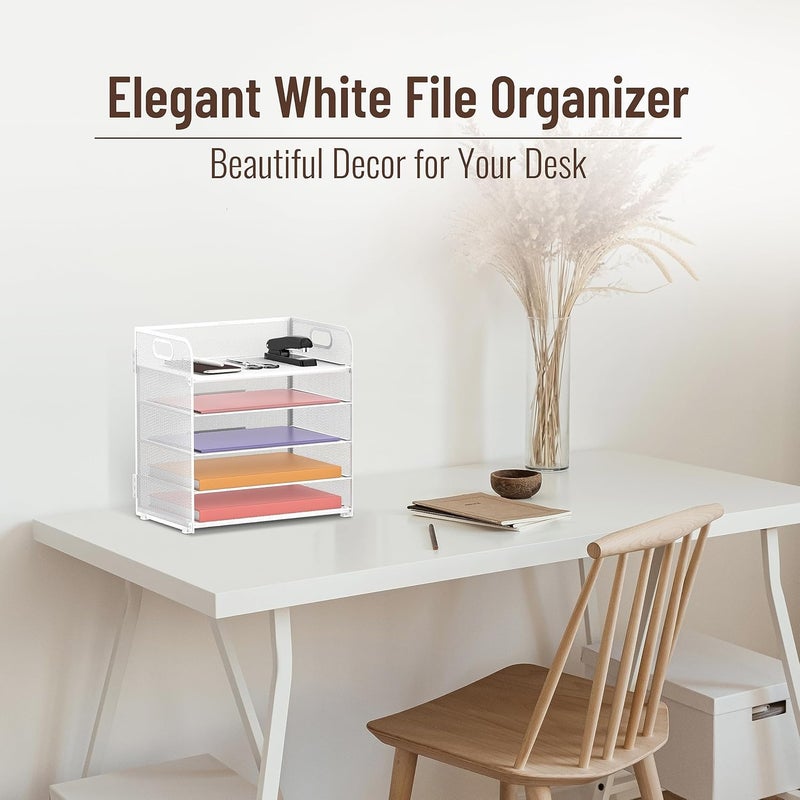 SUPEASY 2 Pack 5-Tier White Desk Organizer with Handle Mesh Desk File/Paper Organizer Letter Tray for Office, School and Home Easy Installation - Image 2