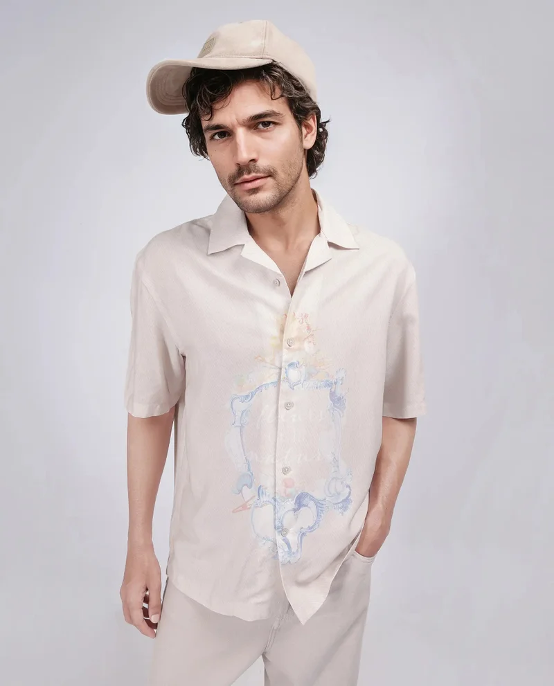 Rare Rabbit Rare Rabbit Men Fluerst Beige Cotton Fabric Short Sleeve Cuban Collar Abstract Print Shirt