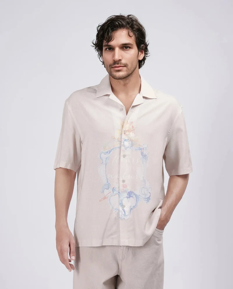 Rare Rabbit Rare Rabbit Men Fluerst Beige Cotton Fabric Short Sleeve Cuban Collar Abstract Print Shirt