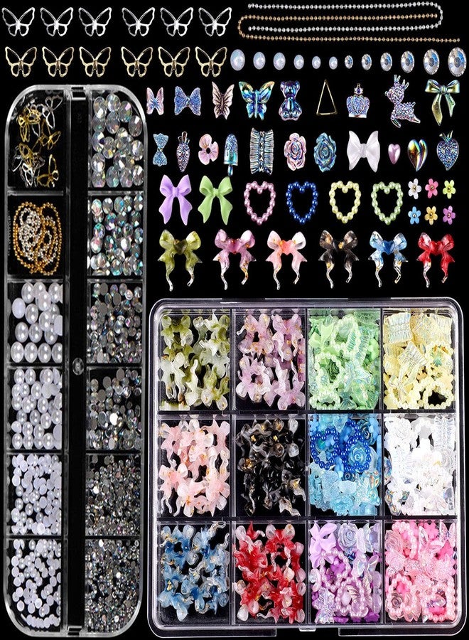 KACHIMOO 2 Boxes Mixed Nail Charms and Rhinestones 3D Butterfly Flower Bow Heart Bear Nail Art Charms Flatback Pearl Nail Gems Nail Chains for Nail Art Design - Image 1