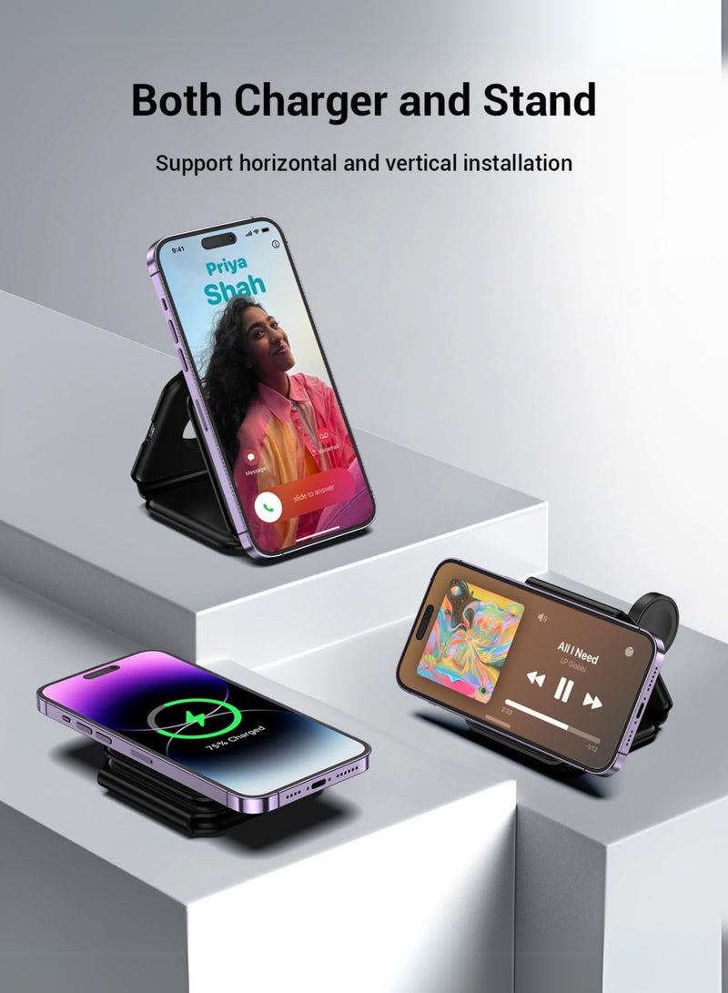 3-in-1 Foldable Wireless Charger – 15W Fast Magnetic Charging Station for iPhone 16/15/14/13/12/11, Apple Watch 8-2 SE, AirPods 3/2/Pro  Samsung Phones | Portable Travel Charging Pad (Black)  - Image 3