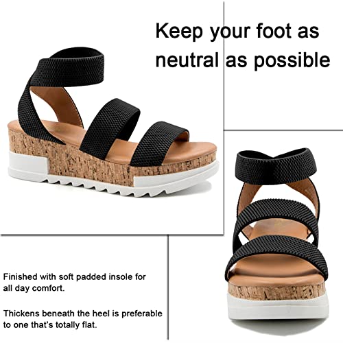 Athlefit Women's Casual Cork Platform Wedge Sandals Open Toe Elastic Ankle Strap Flatform Sandals for Summer, Black, Size 7.5, AD00102 - Image 3