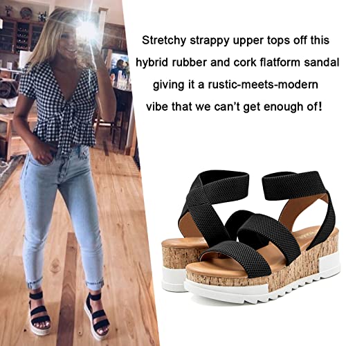 Athlefit Women's Casual Cork Platform Wedge Sandals Open Toe Elastic Ankle Strap Flatform Sandals for Summer, Black, Size 7.5, AD00102 - Image 2