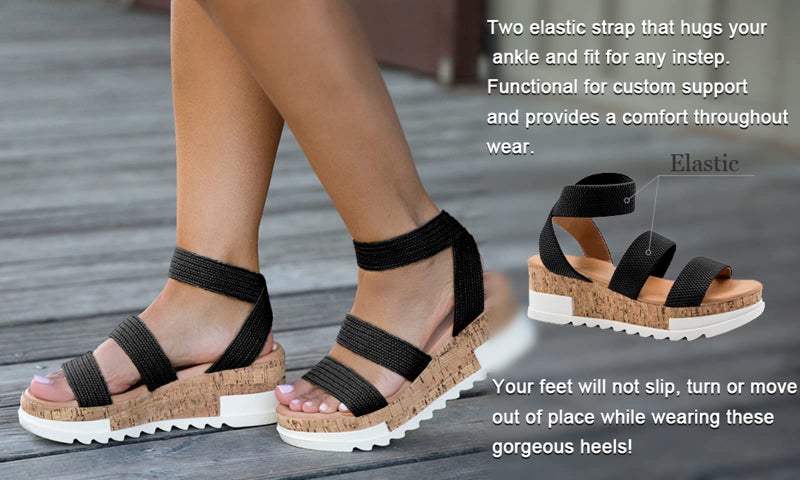 Athlefit Women's Casual Cork Platform Wedge Sandals Open Toe Elastic Ankle Strap Flatform Sandals for Summer, Black, Size 7.5, AD00102 - Image 5