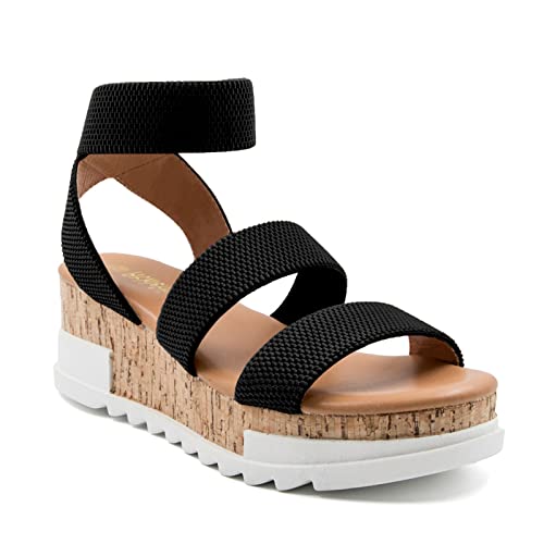 Athlefit Women's Casual Cork Platform Wedge Sandals Open Toe Elastic Ankle Strap Flatform Sandals for Summer, Black, Size 7.5, AD00102 - Image 1