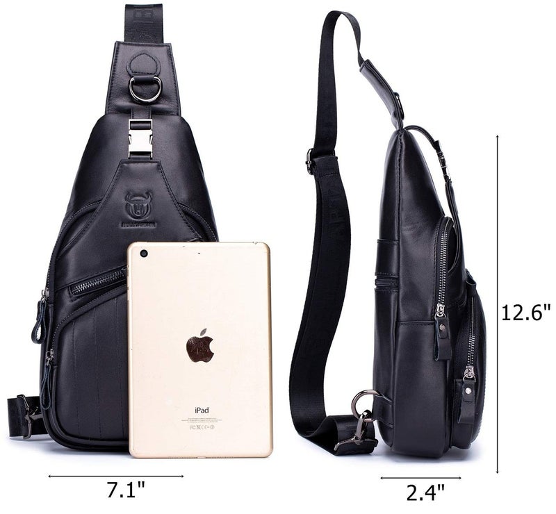BULLCAPTAIN Leather Men Sling Bag Casual Crossbody Chest Bags Travel Daypack (Black) - Image 2