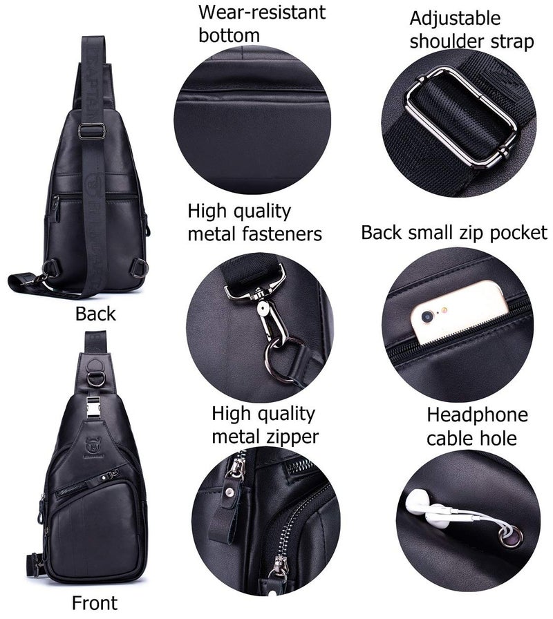 BULLCAPTAIN Leather Men Sling Bag Casual Crossbody Chest Bags Travel Daypack (Black) - Image 3