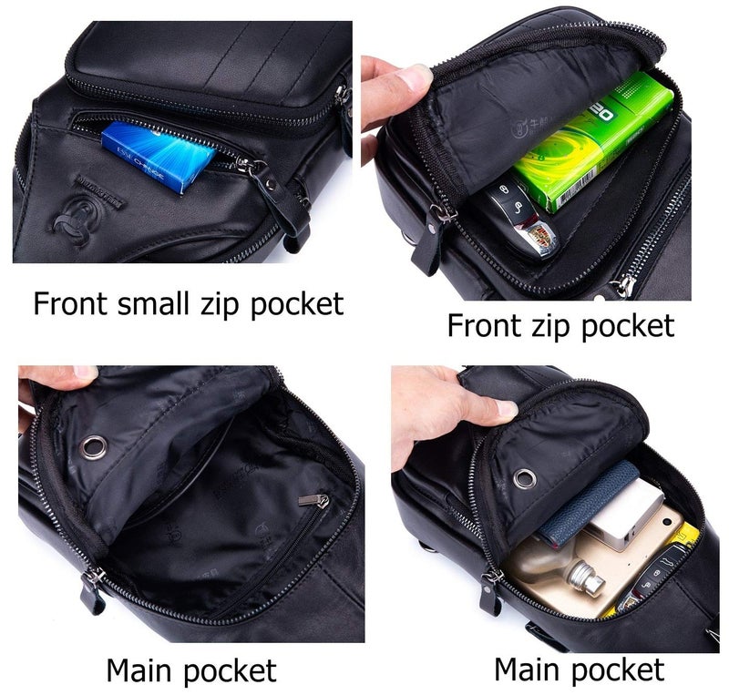 BULLCAPTAIN Leather Men Sling Bag Casual Crossbody Chest Bags Travel Daypack (Black) - Image 4