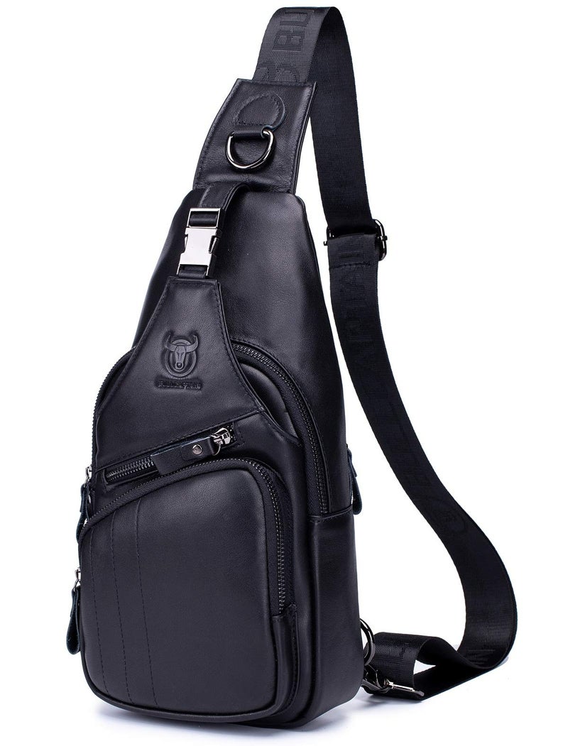 BULLCAPTAIN Leather Men Sling Bag Casual Crossbody Chest Bags Travel Daypack (Black) - Image 1