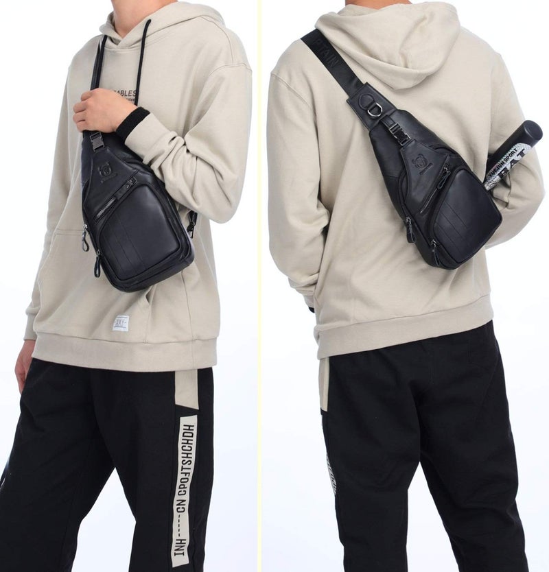 BULLCAPTAIN Leather Men Sling Bag Casual Crossbody Chest Bags Travel Daypack (Black) - Image 5