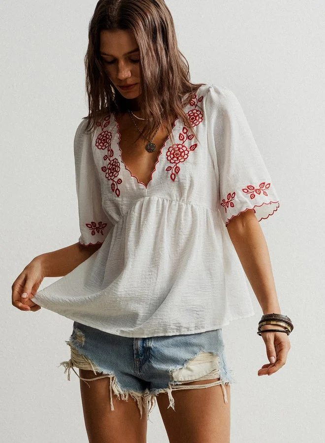 Take Two Women Floral Embroidery V Neck Top