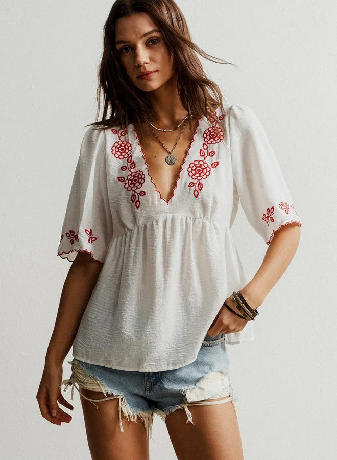 Take Two Women Floral Embroidery V Neck Top