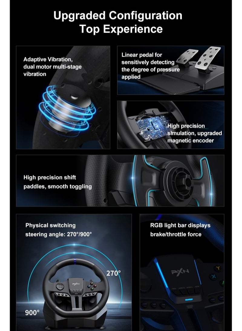 بي اكس ان V900 GEN2 Racing Wheel – 270°/900° Dual-Mode Magnetic Sensor Steering Wheel with RGB Pedals, Type-C Connectivity, PXN Wheel App Customization – Compatible with PC, PS4, PS3, Xbox Series X|S, Xbox One & Switch - Image 4
