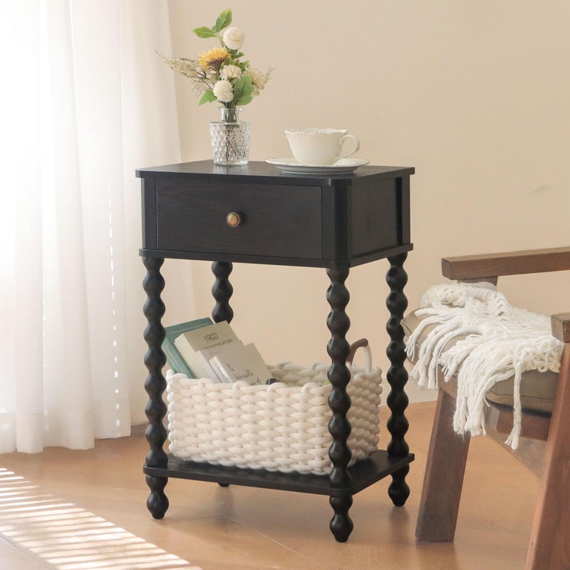 AWASEN Black Nightstand, Bedroom Side Table with Drawer for Living Room, Small Bedside End Table with Spindle Wood Legs for Bedroom, Office, Black - Image 2