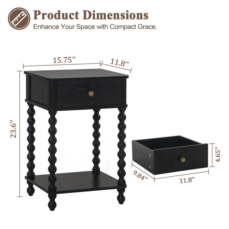 AWASEN Black Nightstand, Bedroom Side Table with Drawer for Living Room, Small Bedside End Table with Spindle Wood Legs for Bedroom, Office, Black - Image 3