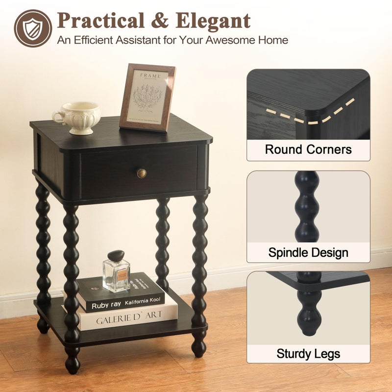 AWASEN Black Nightstand, Bedroom Side Table with Drawer for Living Room, Small Bedside End Table with Spindle Wood Legs for Bedroom, Office, Black - Image 5