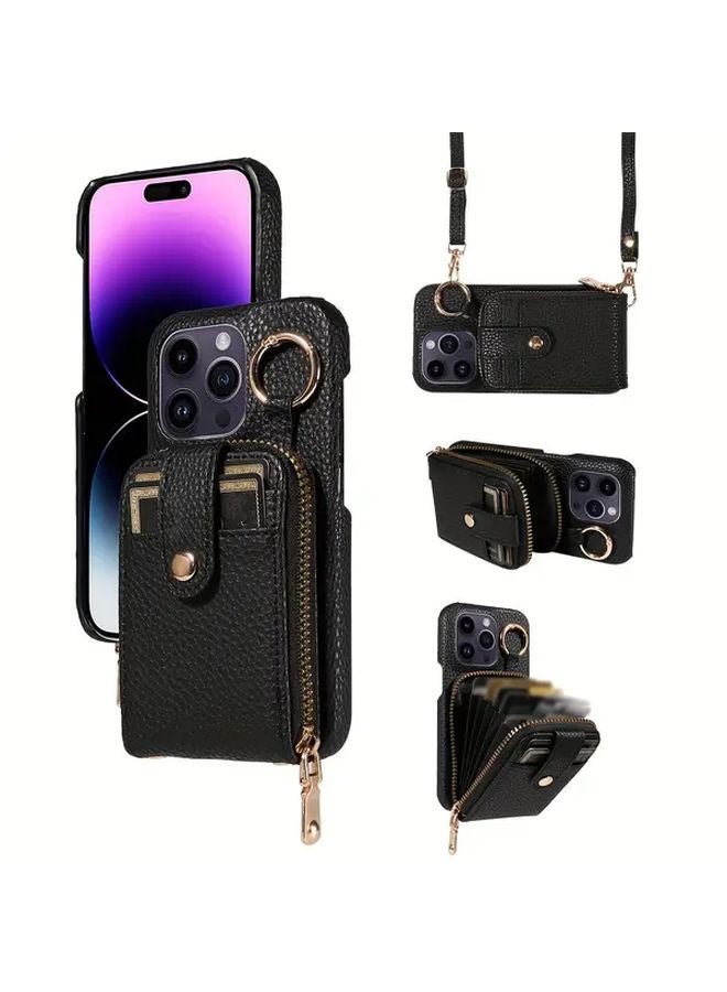 Black iPhone 14 Plus Phone Case with Card Holder and Crossbody Strap - Image 1