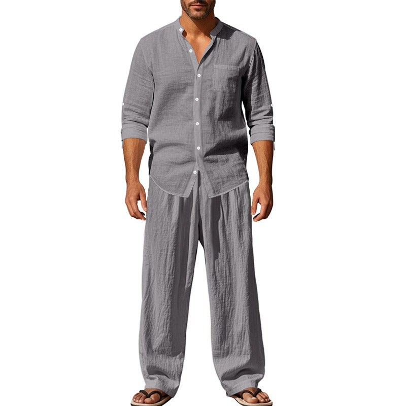 Cross-Border 2025 American-Style Four Seasons Linen Men's Casual Loose Breathable Long Sleeve Shirt and Pants Beach Set