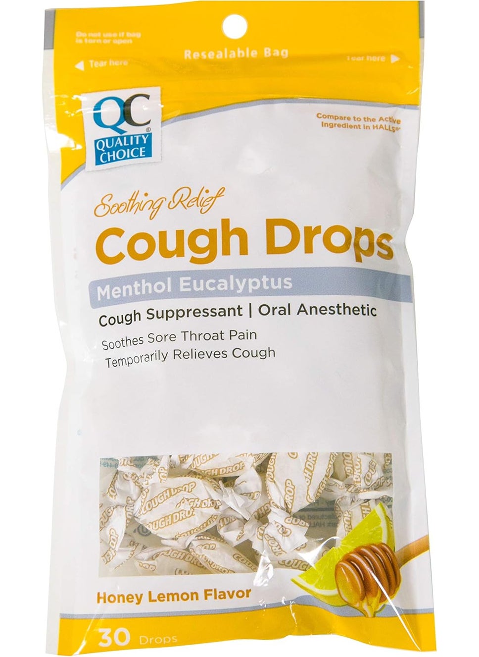 Quality Choice Quality Choice Honey Lemon Flavor Cough Drops, 30 Count Bag, Menthol Cough Suppressant and Oral Anesthetic, Suitable for Adults and Children Over 5 Years, Cold and Flu Relief, Cold Medicine 