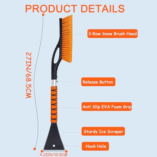 Wewymewo 27" Detachable Aluminum Snow Brush & Ice Scraper for Car Windshield - Ergonomic Foam Grip, Suitable for Cars, Trucks, SUV Windshields & Windows, Winter Car Essential Tool - Image 2