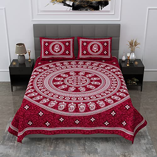 SheetKart 144 TC Mandala Floral Printed Jaipuri Cotton Double Bedsheet with 2 Pillow Covers, Dark Burgundy-Pack of 1 - Image 3