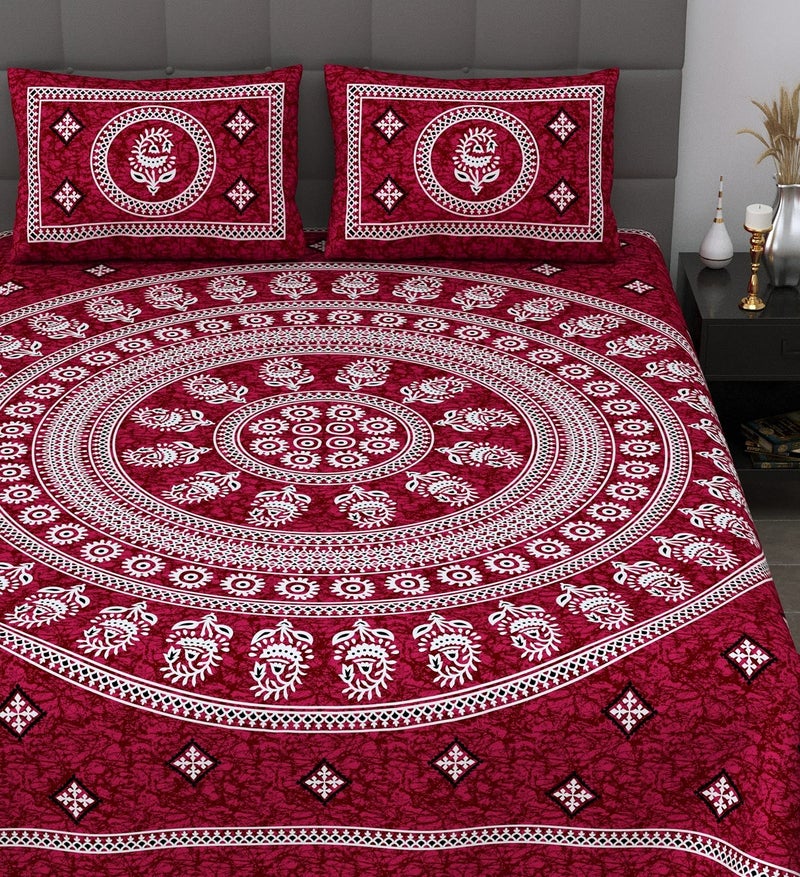 SheetKart 144 TC Mandala Floral Printed Jaipuri Cotton Double Bedsheet with 2 Pillow Covers, Dark Burgundy-Pack of 1 - Image 2