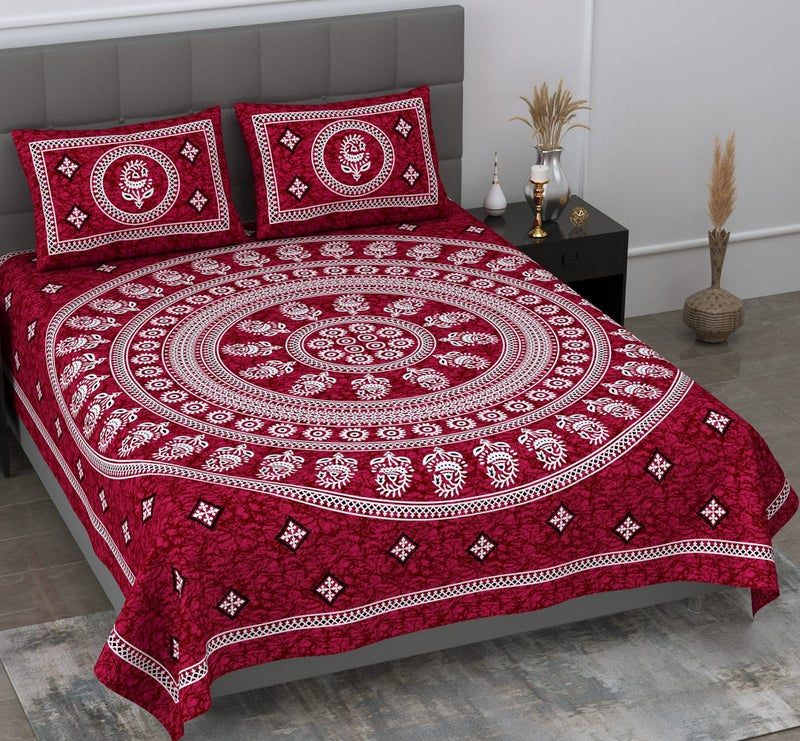 SheetKart 144 TC Mandala Floral Printed Jaipuri Cotton Double Bedsheet with 2 Pillow Covers, Dark Burgundy-Pack of 1 - Image 1