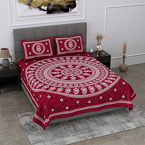 SheetKart 144 TC Mandala Floral Printed Jaipuri Cotton Double Bedsheet with 2 Pillow Covers, Dark Burgundy-Pack of 1 - Image 4
