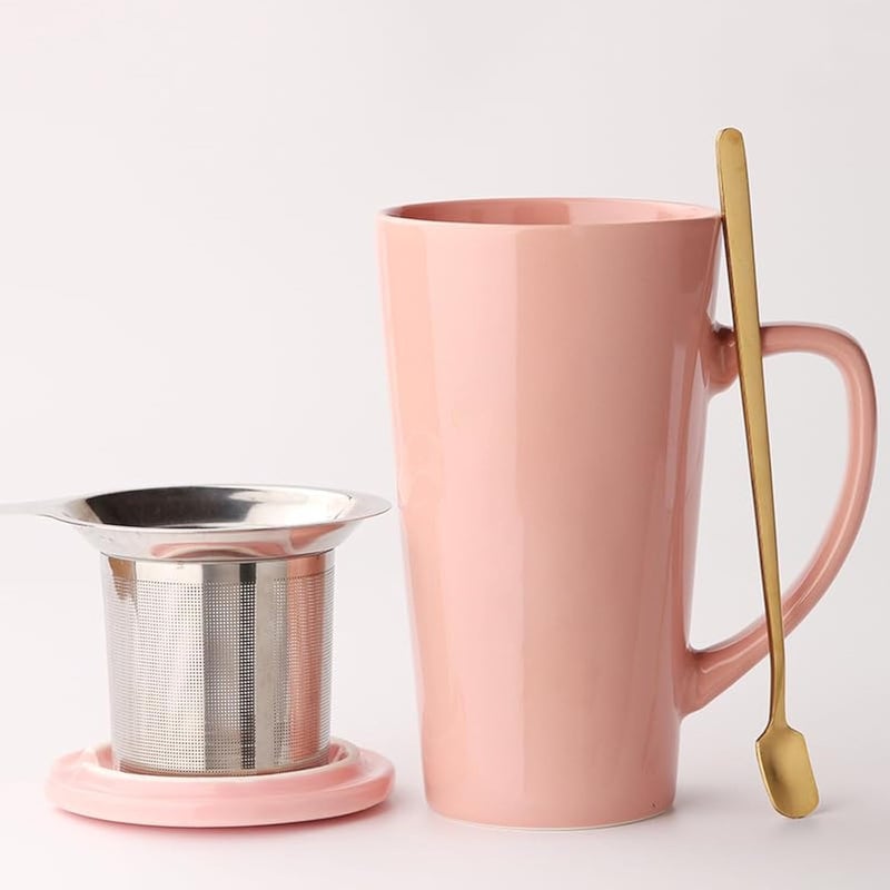 MIWARE 15 Ounce Porcelain Tea Mug with Infuser, Lid and Spoon, Loose Leaf Tea Cup (Pink) - Image 1