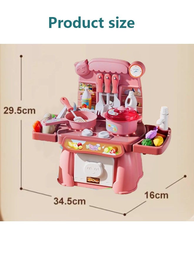 Kitchen Pretend Toy Set,34PCS Set,Kids Mini Kitchen Toys Simulation Cooking Set With Sound, Light And Music The Stove Can Be Rotated Can Dispense Water,With Kitchenware And Fruit Model For Girl And Boy (Pink)  - Image 2