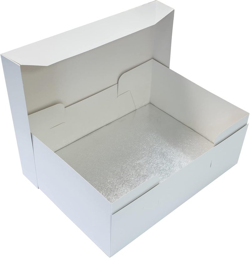 Culpitt 18" x 14" Cake Board & White Cake Box Combo | 5 Pack | Oblong Silver Fern Cake Drum With Matching Box, 0.5'' (13mm) Thick, 457 x 355mm, Rectangular Cake Transport Set - Pack Of 5 - Image 1