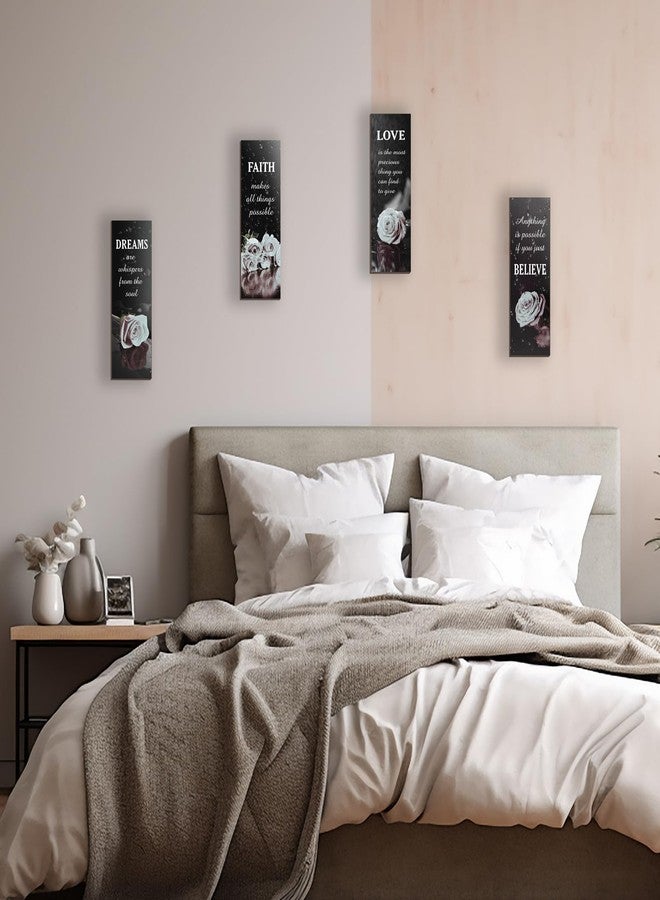 DONFENTHY 4 Pcs Black And White Bathroom Decor Grey White Rose Wooden Wall Decor Inspirational Farmhouse Signs Black White Decor For Women Office Bedroom Home Living Room Gift(White 12x4Inch) - Image 3