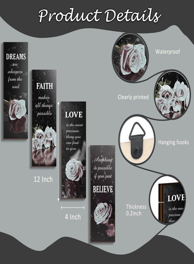 DONFENTHY 4 Pcs Black And White Bathroom Decor Grey White Rose Wooden Wall Decor Inspirational Farmhouse Signs Black White Decor For Women Office Bedroom Home Living Room Gift(White 12x4Inch) - Image 4