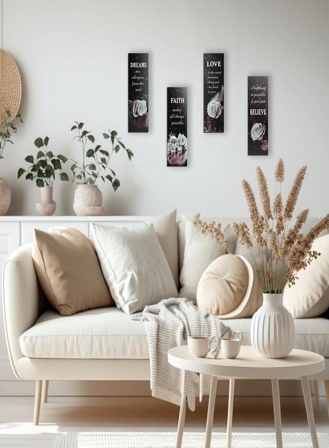 DONFENTHY 4 Pcs Black And White Bathroom Decor Grey White Rose Wooden Wall Decor Inspirational Farmhouse Signs Black White Decor For Women Office Bedroom Home Living Room Gift(White 12x4Inch) - Image 5