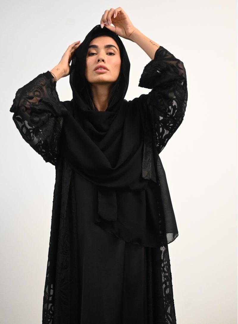 JAMEELA Black Full lace Open Abaya 3 pieces Set - Image 4