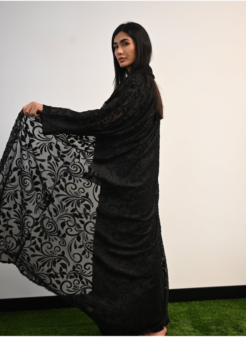 JAMEELA Black Full lace Open Abaya 3 pieces Set - Image 2