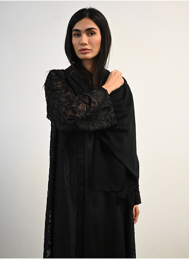 JAMEELA Black Full lace Open Abaya 3 pieces Set - Image 3