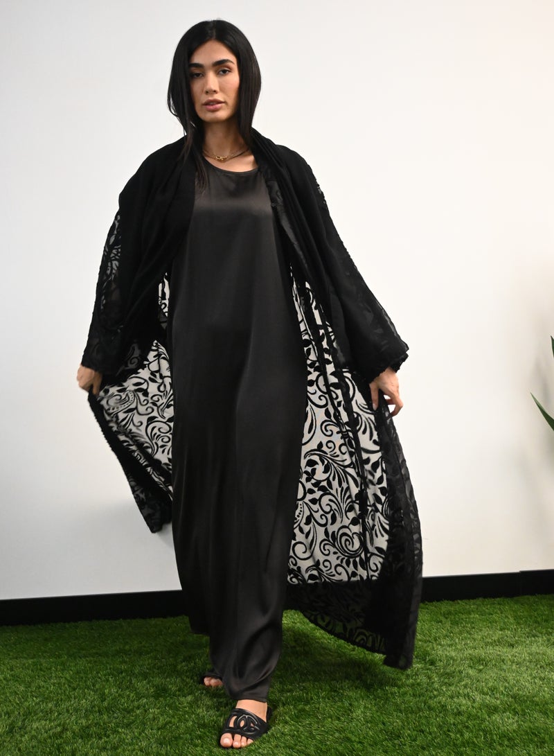 JAMEELA Black Full lace Open Abaya 3 pieces Set - Image 1