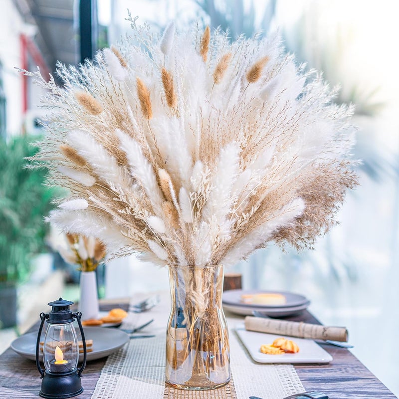 FloraDream 95 PCS Natural Pampas Grass Decor Bouquet | Boho Dried Floral Arrangement Centerpiece Table Decor Wedding Decor Rustic Decor, Natural, white, beige (Fdm-b-01) - Image 1