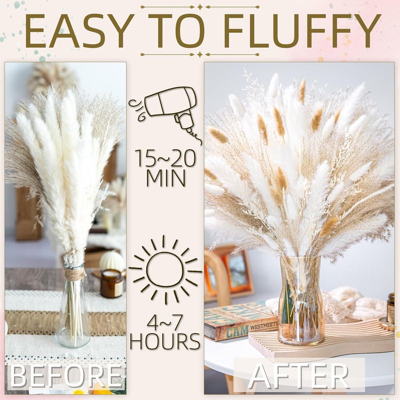 FloraDream 95 PCS Natural Pampas Grass Decor Bouquet | Boho Dried Floral Arrangement Centerpiece Table Decor Wedding Decor Rustic Decor, Natural, white, beige (Fdm-b-01) - Image 5