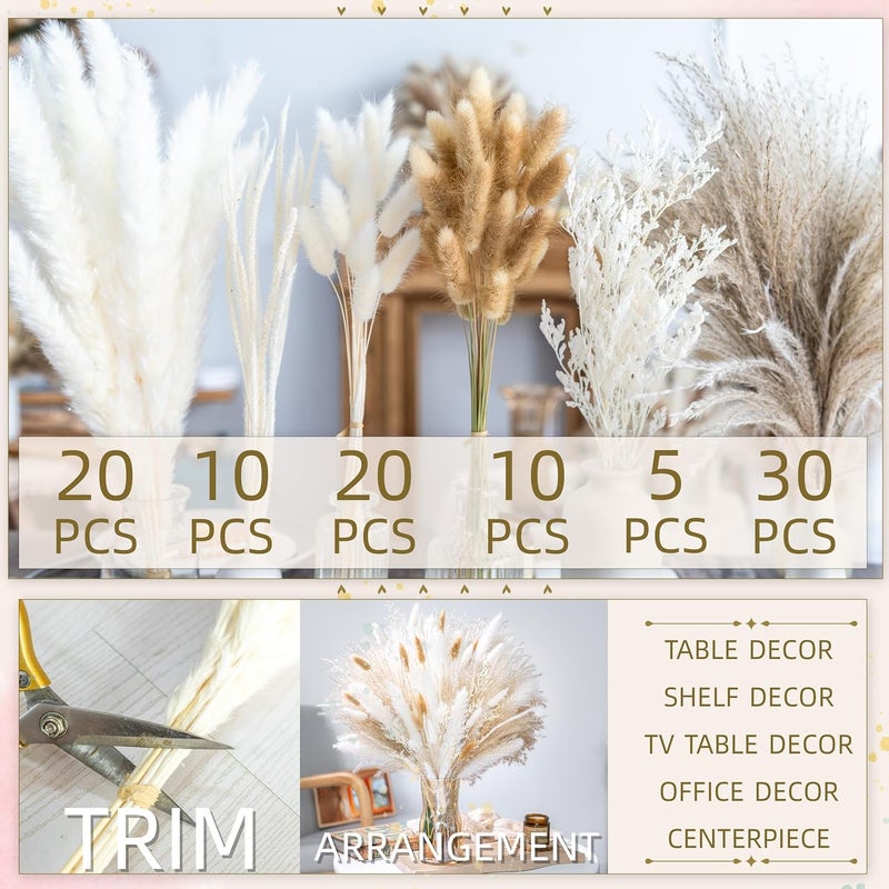FloraDream 95 PCS Natural Pampas Grass Decor Bouquet | Boho Dried Floral Arrangement Centerpiece Table Decor Wedding Decor Rustic Decor, Natural, white, beige (Fdm-b-01) - Image 4
