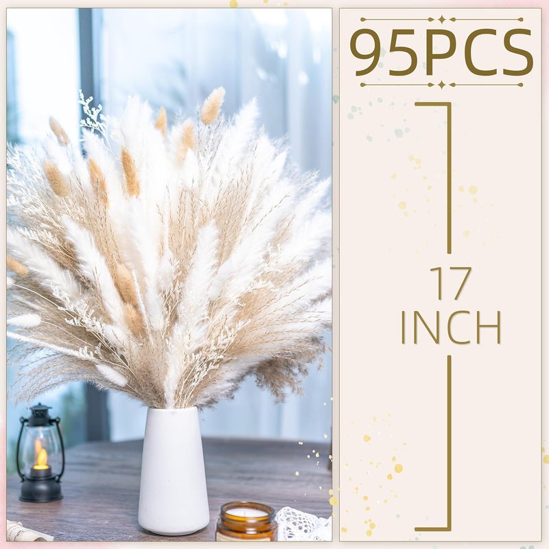 FloraDream 95 PCS Natural Pampas Grass Decor Bouquet | Boho Dried Floral Arrangement Centerpiece Table Decor Wedding Decor Rustic Decor, Natural, white, beige (Fdm-b-01) - Image 2