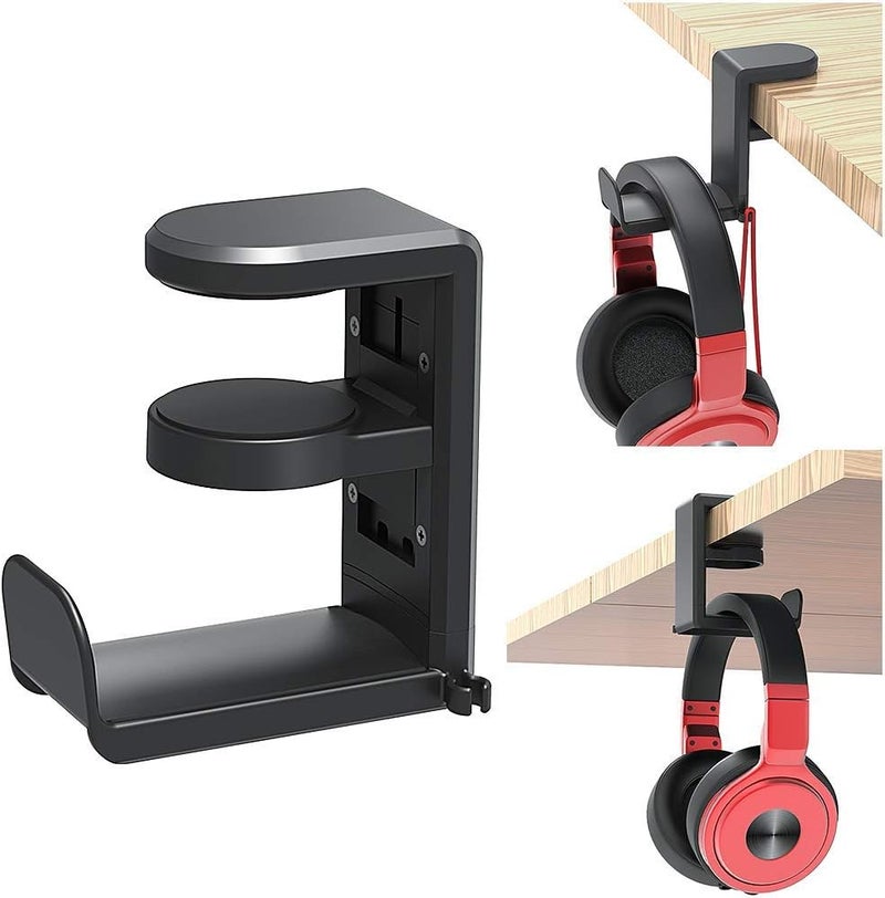 Luckam Gaming Headphone & Controller Holder, 3-in-1 PC Headphones Hanger Adjustable & Rotating Arm Clamp, Headphone Stand Under Desk, Universal Headset Controllers Hook (Black) - Image 1