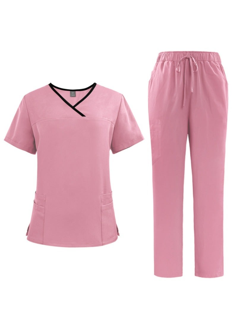 Loquat Womens Medical Uniform Scrubs 2 Piece Set V-Neck Top and Elastic Waist Straight Pants Suit Pink