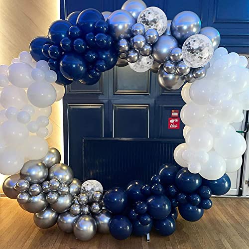Lazybeee Navy Blue Silver White Confetti Balloons Arch Kit, 120 PCS 12in 10in 5in Latex Garland Arches Kit for Graduation, Birthday, Wedding, Anniversary, Celebrations, Party Decoration - Image 1
