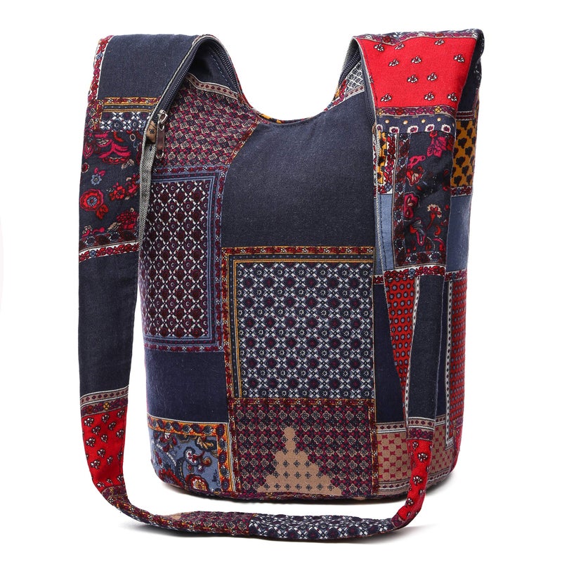 Coton Pose Women Shoulder Handbags Fashion canvas Hippie Crossbody Bags Bohemian Animal Prints Hobo Bags (Blue-Red) - Image 2