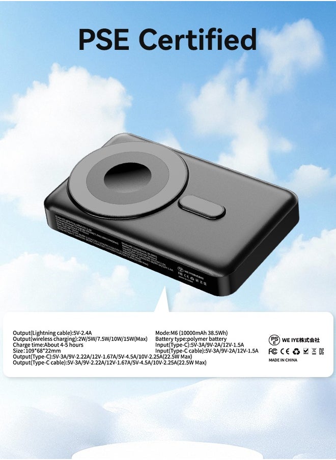 WAPIK - Korean Brand M6 10000mAh Foldable Magnetic Wireless Power Bank Portable Charger 22.5W Black, Compatible with iPhone 16/15/14/13/12 Series, AirPods, Apple Watch, with Built-in Type-C and Lightning Charging Cables - Image 1