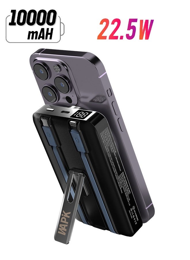 WAPIK - Korean Brand M6 10000mAh Foldable Magnetic Wireless Power Bank Portable Charger 22.5W Black, Compatible with iPhone 16/15/14/13/12 Series, AirPods, Apple Watch, with Built-in Type-C and Lightning Charging Cables - Image 1
